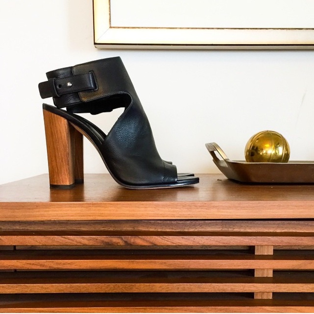 Vince Black Leather Open-Toe Sandal with Wood Block Heel
